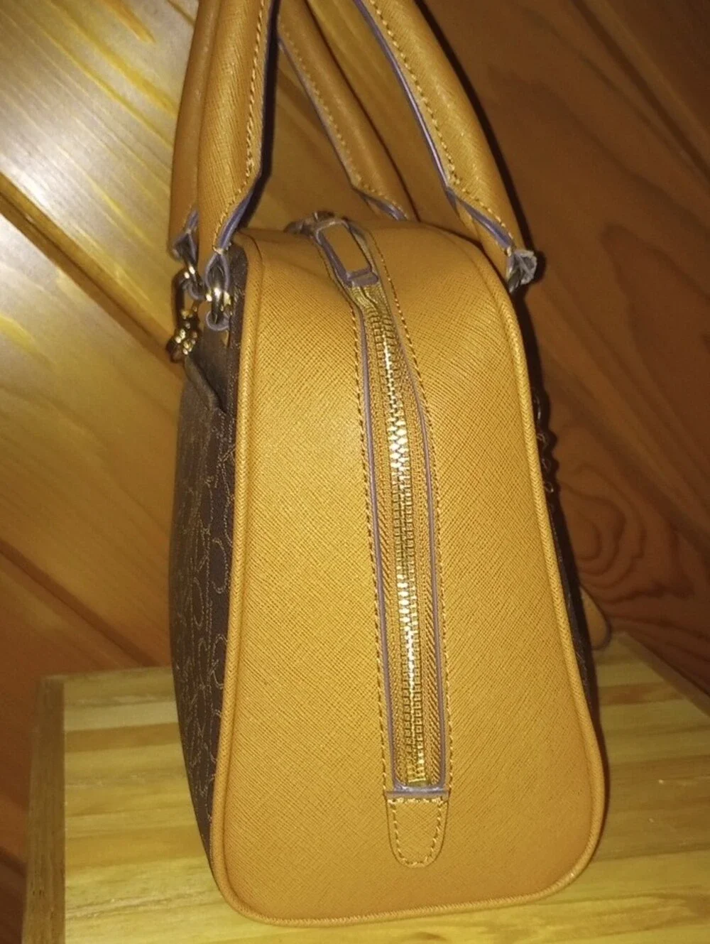Calvin Klein Brown Monogram Satchel with Tan Trim and Gold Chain